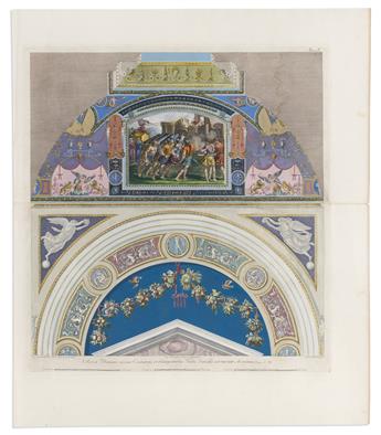 (VATICAN FRESCOES.) Giovanni Ottaviani; after Raphael. 2 large hand-colored engraved plates picturing Raphaels loggia at the Vatican.